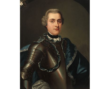 Portrait eines jungen Adeligenden Betrachter anblickender junger Mann mit Brustharnisch und blauem Umhang im angedeuteten Ova