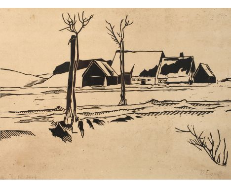 Richard Graef, »Bei Indersdorf«winterliche Ansicht eines einsamen Bauergehöfts im Dachauer Land, expressiver Holzschnitt, woh