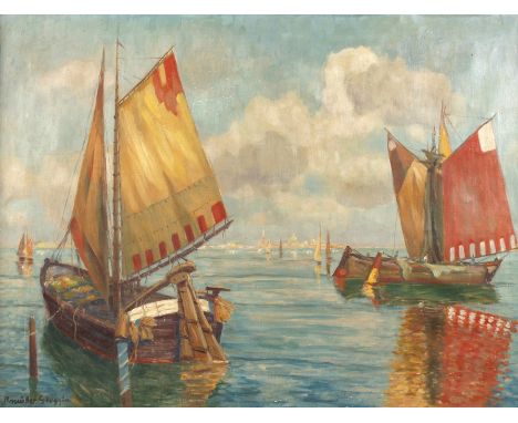 R. Müller, Boote vor VenedigBlick aus Richtung der kleineren Lagunenstadt Chioggia, vorbei an Segelbooten auf der Lagune zur 