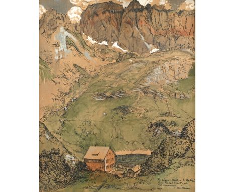 Carl Baum, "Freiburger Hütte mit Roter Wand"Blick auf die an einem kleinen See gelegene Freiburger Hütte vor imposanten Steil
