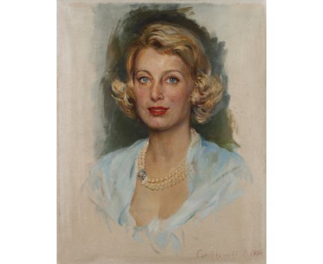 Boleswaw Jan Czedekowski, DamenportraitBrustbildnis einer eleganten blonden Dame mit mehrreihiger Perlenkette, partiell studi