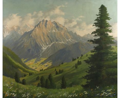 Minni Herzing, "Sommerlandschaft im Hochgebirge"Blick vom erhöhten Standpunkt, vorbei an Nadelbäumen, über blühende Alpenwies