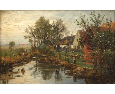 Hermann Hartwich, Sommer auf dem Landeinige neben einem Teich stehende Bauernhäuser in dörflicher Umgebung, pastose Ölmalerei