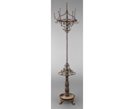 Standgarderobe Historismusdeutsch, 2. Hälfte 19. Jh., schwerer Ständer aus Guss- und Schmiedeeisen, Sockel und Tropfschale mi