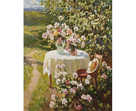 Stanislav Fomenok, "Rosen"sommerliche Gartenecke mit Tisch, Stuhl, Sonnenhut und Rosensträußen in sonniger Landschaft, pastos