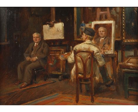 Friedrich Raupp, Der Maler beim Portraitieren im Atelierflott erfasste Atelierszene mit älterem, Portrait sitzendem Mann und 