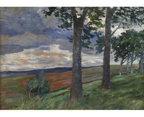 Hermann Paschold, »Stürmischer Tag«windzerzauste Laubbäume in wolkenverhangener Thüringer Sommerlandschaft, pastose Landschaf