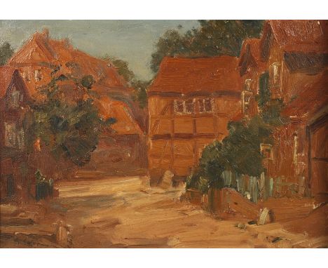 Karl Gatermann der Ältere, Sonnige Gassewohl sommerliche Straßenszene in Ratzeburg, mit Fachwerkhäusern und Bauernkaten, im h