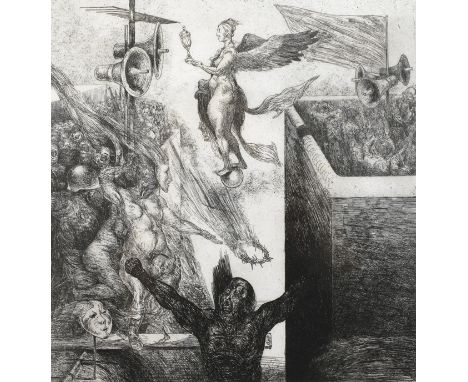 Karl Georg Hirsch, "zu Franz Fühmann, Demagogen"vielfigürliche Radierung zu einem Werk von Franz Fühmann, Radierung, unter de