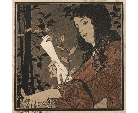 Koloman Moser, Lesendes Mädchenlesende junge Frau, umgeben von Pflanzen, das Blatt entstand als Titelbild der 12-bändigen Rei