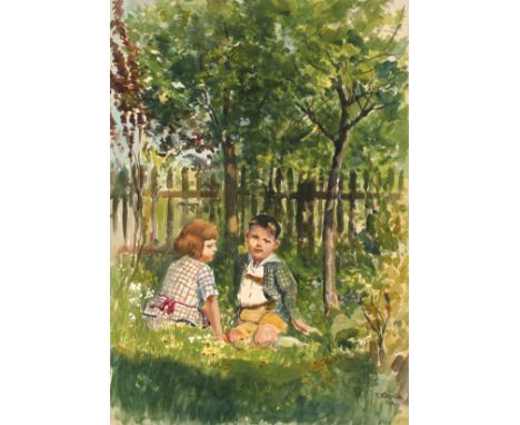 Rudolf Köselitz, Geschwister im Gartenauf einer Blumenwiese spielendes Geschwisterpaar, unter saftig grünen Bäumen im hellen 