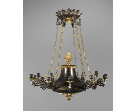 Deckenkrone Empirefrühes 19. Jh., Bronze bräunlich patiniert bzw. feuervergoldet, mehrteilig gearbeitet und montiert, an fünf