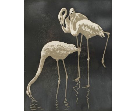Walter Klemm, "Flamingos"drei im seichten Wasser stehende Flamingos vor dunklem Grund, Farbholzschnitt von zwei Platten auf B