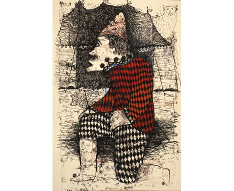 Alfred Traugott Mörstedt, Der Clownkniender Clown vor Zirkuszelt, seltene figürliche Arbeit aus der frühen Schaffenszeit des 