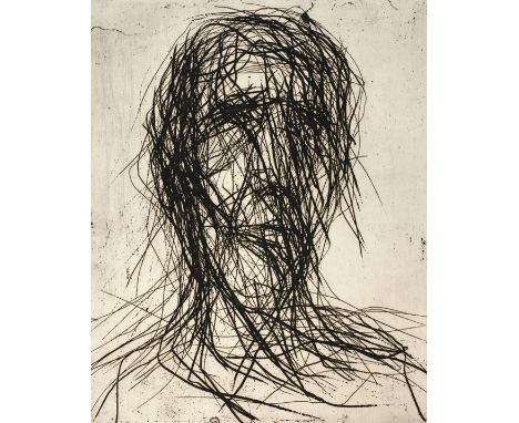 Max Uhlig, "Kopf Dr. Elisabeth Hütter"dynamisches, aus lockeren Strichen geformtes Portrait, Radierung mit lebhaftem Plattent