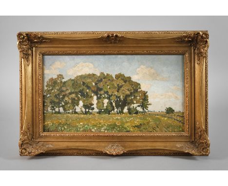 Erwin Steiner, »Weiden in Blumenwiese«Blick über blühende Wiese zur Weidengruppe am Horizont, pastose Landschaftsmalerei, Öl 