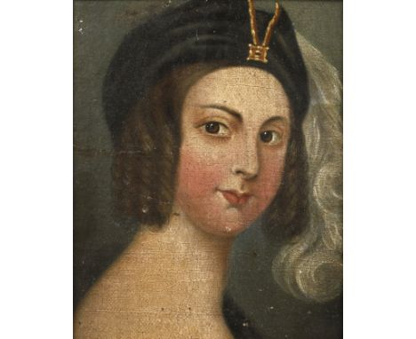 Damenportrait des BiedermeierPortrait einer Dame mit rosigen Wangen, schwarzer Haube mit weißer Feder und den für die Zeit de