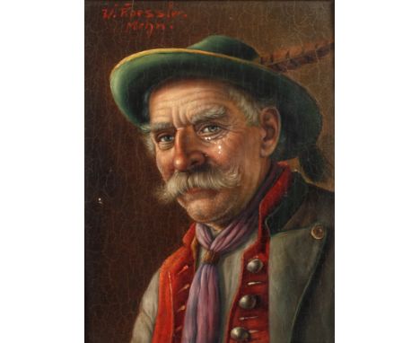 Walter Roessler, Alter BayerPortrait eines älteren, den Betrachter anblickenden Mannes in Tracht und mit Hut vor braunem Grun