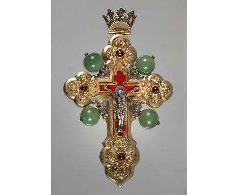 Prächtiges Kreuz Russland20. Jh., Silber vergoldet, gestempelt 84 Zolotniki sowie Pseudomarke für Fabergé und weitere Punze E