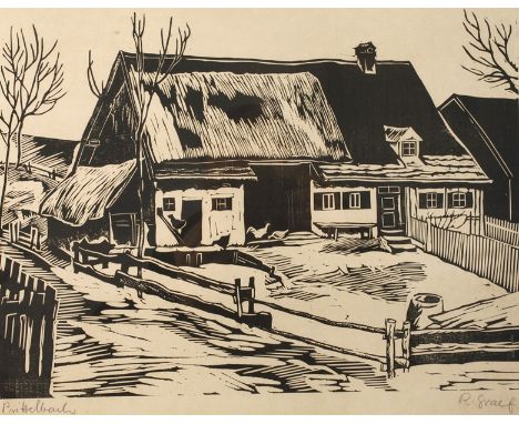 Richard Graef, »Prittlbach«winterliche Ansicht eines Kleinbauernhofes, mit Hühnern vorm Bauernhaus, im Dachauer Gemeindeteil 