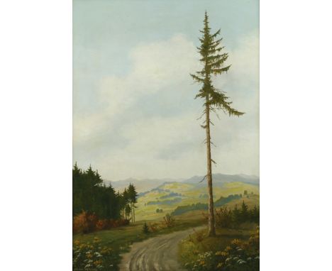 Minni Herzing, Blick in blühende Sommerlandschaftweite spätsommerliche Gebirgslandschaft mit markanter Fichte, gering pastose