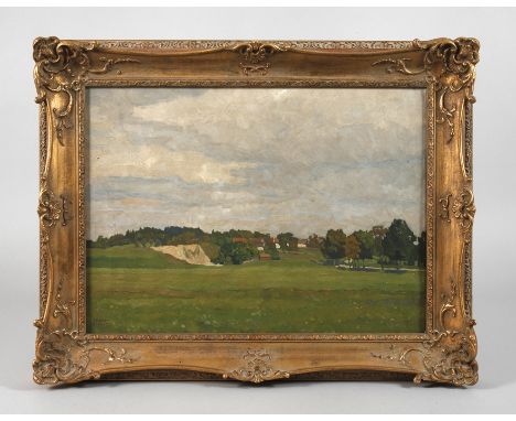 Erwin Steiner, »Sandgrube«lichte Sommerlandschaft mit Sandgrube am Dorfrand, pastose Landschaftsmalerei mit breitem Pinselduk