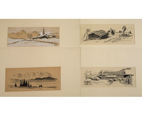Edwin Henel, Konvolut Handzeichnungenvier Blatt, jeweils mit der Darstellung alpiner Szenen zu verschiedenen Jahreszeiten, dr