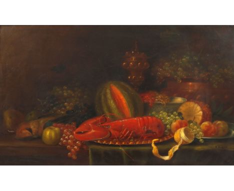 R. Birch, Stillleben mit Hummerprachtvolles Arrangement mit Hummer, silbernem Pokal, Eichelhäher, Trauben und Südfrüchten, te