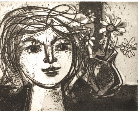 Walter Womacka, Mädchen mit Margeritenfreundlich blickendes Mädchen vor einem Fenster mit Margeritenstrauß im Hintergrund, Ra