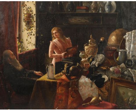 Franz Georg Kleber, Beim AntiquitätenhändlerTisch voller Antiquitäten, am Fenster eine jüngere Dame stehend, die dem Antiquit