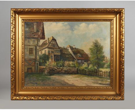 Hermann Grothe, "Stiller Winkel in Wernigerode"sommerliche Stadtansicht mit altehrwürdigen Fachwerkhäusern und blühenden Gärt