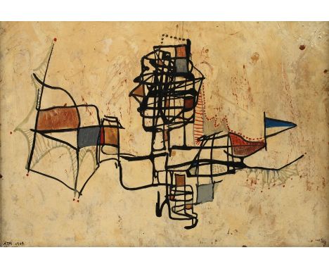 Alfred Traugott Mörstedt, Abstrakte Kompositionschwarze, sich teils kreuzende Linien und farbige Flächen auf hellem Grund, fr