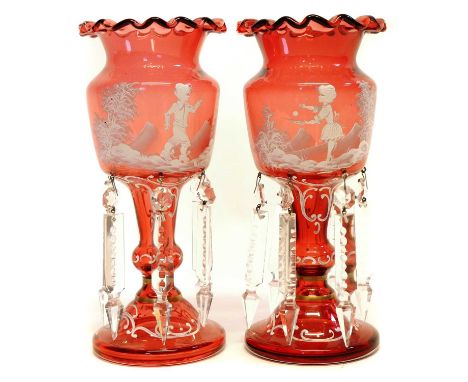 Pair of Mary Gregory type ruby glass lustres Pair of Mary Gregory type ruby glass lustres, each painted with a child in white