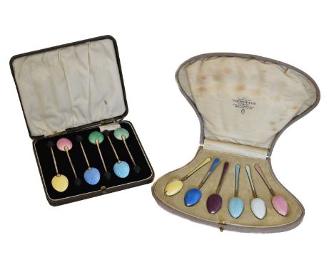 Two cased sets of silver enamel coffee spoons, Two cased sets of silver enamel coffee spoons, Walker &amp; Hall, Birmingham, 