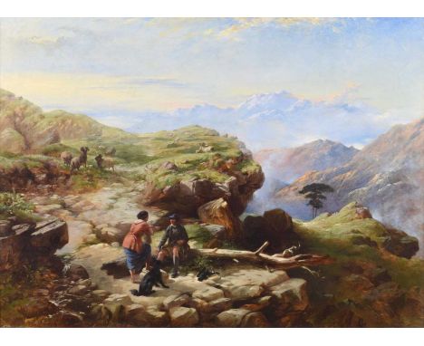 Circle of Richard Ansdell R.A. (British 1815-1885) Mountainous landscape with a Highlander and lady in conversation Bears ind