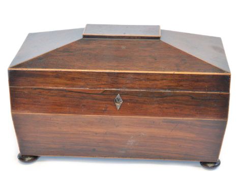 Rosewood and Boxwood Strung Tea Caddy 19th century rosewood and boxwood strung tea caddy of sarcophagus form, raised on two f