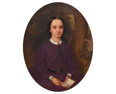 British School (19th century) Portrait of a seated girl, in a purple dress Unsigned, oval, oil on canvas.44.5 x 34.5cm (frame