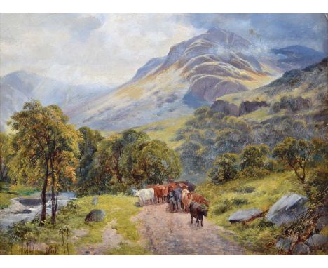 James Peel R.B.A. (British 1811-1906) Mountainous rural lane with cattle and drover Signed, oil on board.22 x 30cm (framed 39
