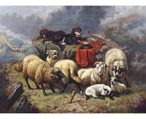 Henri de Beul (Belgian 1845-1900) Highland scene with sheep, watchful dogs and approaching shepherd Signed and dated 1873, oi