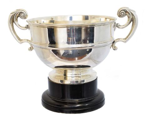 A George V Irish silver twin handled bowl, A George V Irish silver twin handled bowl, with wooden plinth, Wakely &amp; Wheele