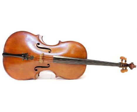 Cello with bow and case Cello 4/4 size, probably German 19th century, two piece back with moderate curl and light orange varn