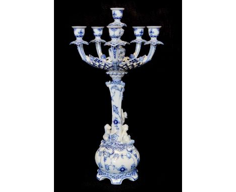Royal Copenhagen Candelabra Royal Copenhagen blue and white fluted full lace six-light candelabra, decorated in immortelle pa