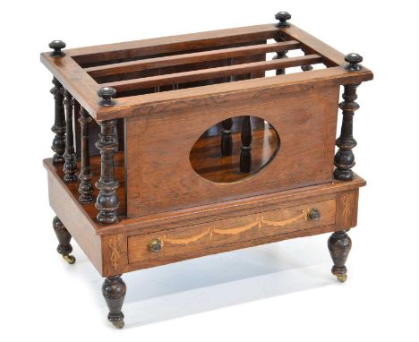 Victorian Rosewood Canterbury Victorian rosewood and satinwood inlaid canterbury, three divisions supported by ring-turned su