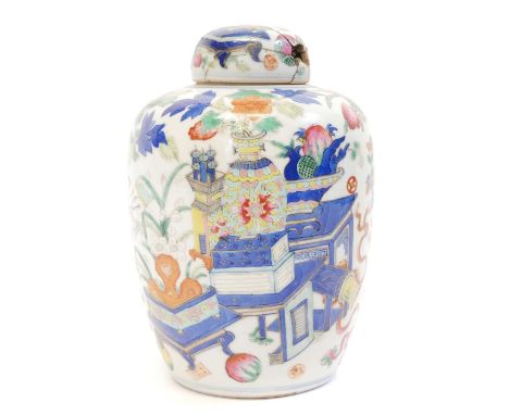 Chinese ginger jar and cover Chinese ginger jar and cover, with interior cork stopper, painted with vases of flowers and ausp