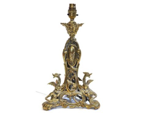 Early 20th Century Brass Table Lamp with Dragons Early 20th century cast brass table lamp with scrolling foliate decoration t