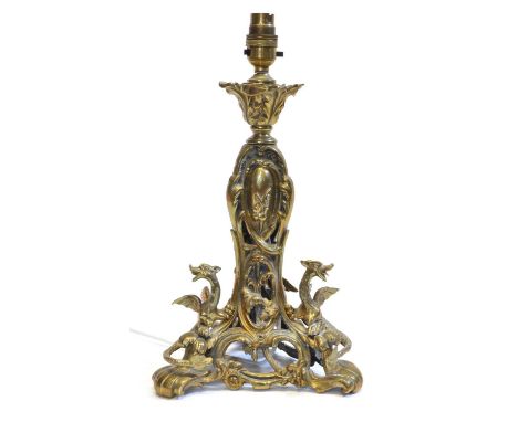 Early 20th Century Brass Table Lamp with Dragons Early 20th century cast brass table lamp with scrolling foliate decoration t