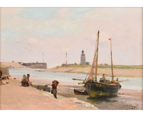 John Fraser (British 1858-1927) "A Sussex Haven" Signed, titled and dated 1912 on verso, oil on canvas board.18 x 25.5cm (fra