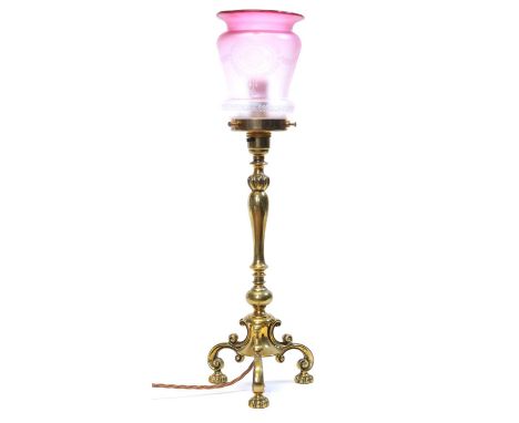 Late 19th Century Brass Table lamp Late 19th century brass table lamp with a pink acid-etched glass shade, baluster shaped co