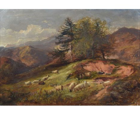 Joseph Adam (Scottish 1819-1886) and Joseph Denovan Adam R.S.A. (Scottish 1842-1896) Mountainous landscape with sheep grazing