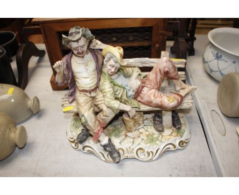 A Capo di Monte figure group depicting itinerants on a bench